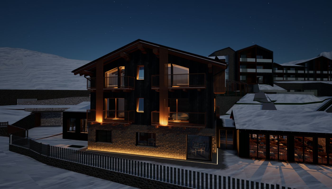 render notturno hotel sostenibile in xlam in val di susa