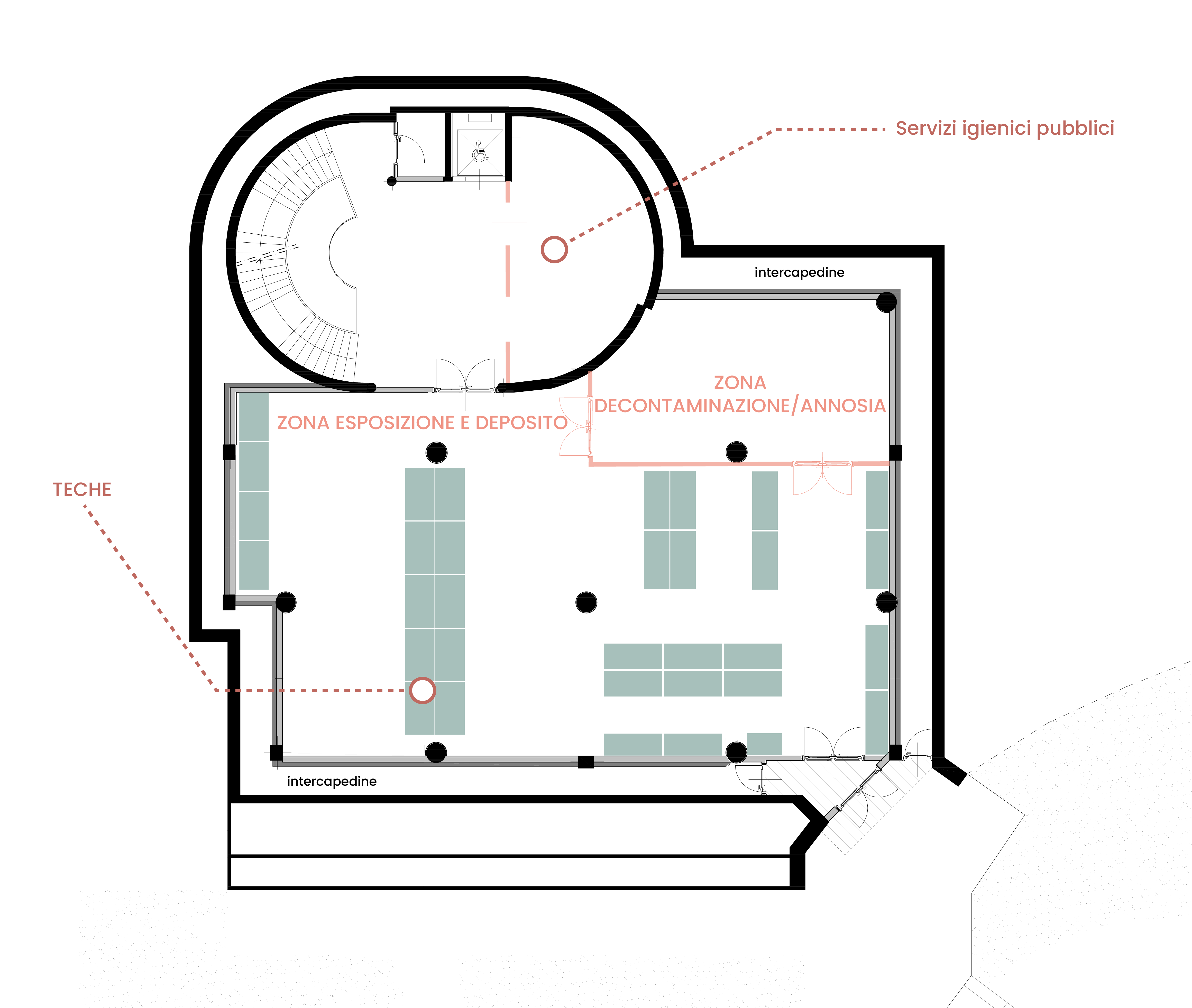 Pianta del deposito con zona decontaminazione e teche espositive
